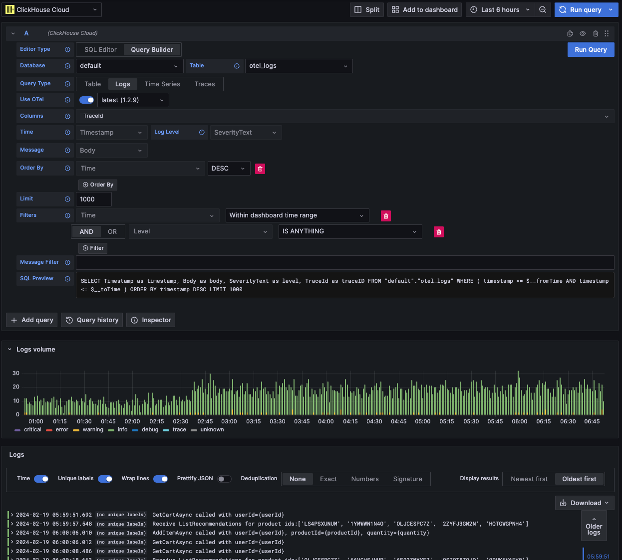 Example OTel logs query - Zoomed